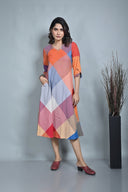 Red-White-Grey Checks Handloom Cotton Bias Dress