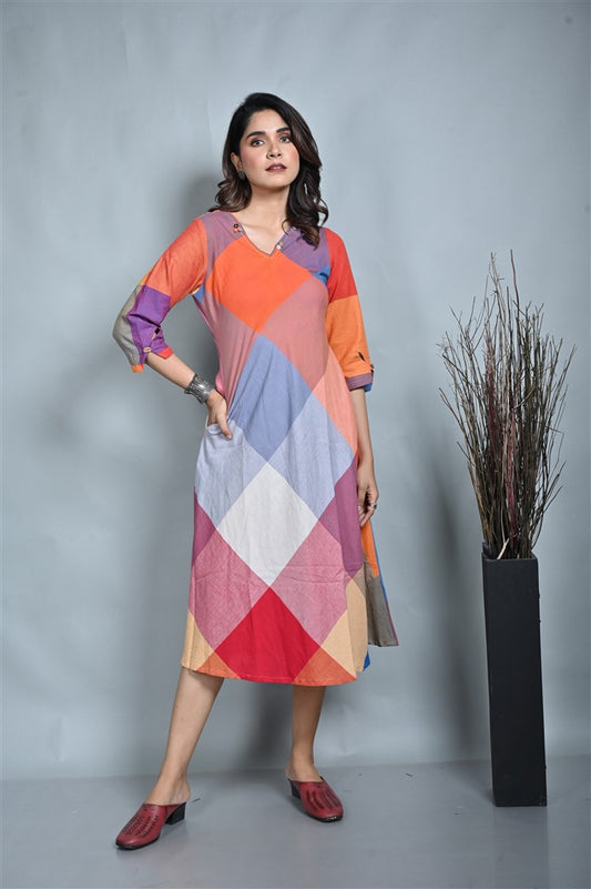 Orange-Red Handwoven Checks Bias Dress With Kantha Hand Embroidery Detailing On Neck