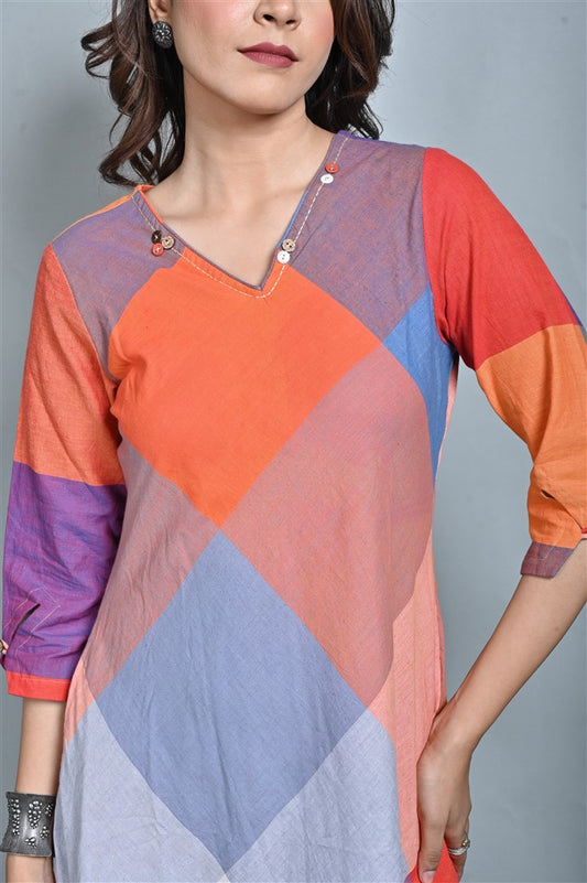 Orange-Red Checks Handwoven Bias Dress with Hand Embroidery Detailing