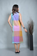 Purple-Blue Pastel Checks Handloom Cotton Halter Neck Dress