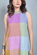 Purple-Blue Pastel Checks Handloom Cotton Halter Neck Dress