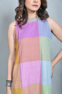 Purple-Blue Pastel Checks Handloom Cotton Halter Neck Kurta Set (set of 2)