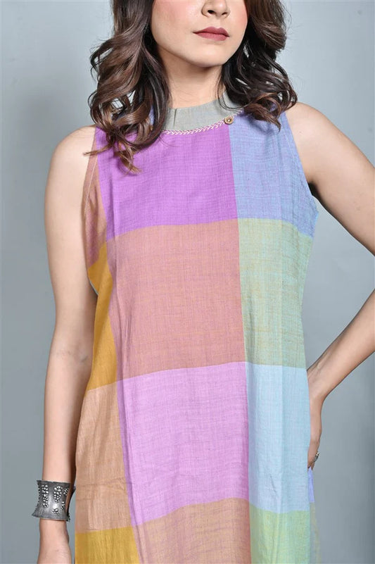 Purple-Blue Pastel Checks Handloom Cotton Halter Neck Kurta Set (set of 2)
