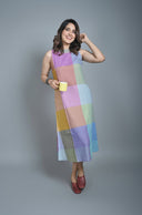 Purple-Blue Pastel Checks Handloom Cotton Halter Neck Dress