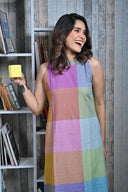 Purple-Blue Pastel Checks Handloom Cotton Halter Neck Dress