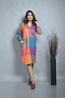 Red-Orange Checks Handloom Cotton Reglan Sleeves Dress