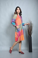 Red-Orange Checks Handloom Cotton Reglan Sleeves Dress