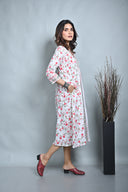White Floral Printed Cotton Gathers Dress