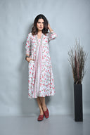 White Floral Printed Cotton Gathers Dress