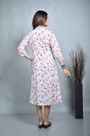 White Floral Printed Cotton Gathers Dress