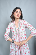 White Floral Printed Cotton Gathers Dress