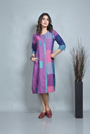 Pink-Purple Checks Hand Embroidered Handloom Cotton Half & Half Dress