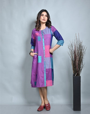 Purple-Pink Handwoven Half Half Front Open Kurta With Kantha Hand Embroidery Detailing