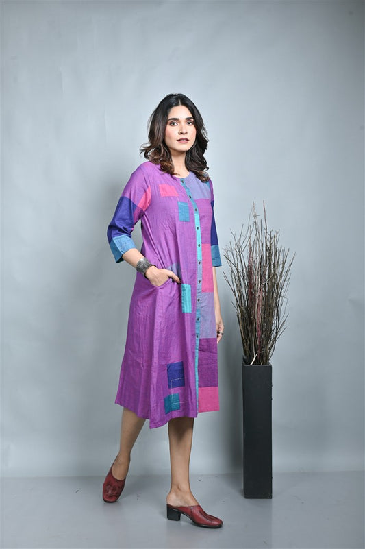 Purple-Pink Handwoven Half Half Front Open Kurta With Kantha Hand Embroidery Detailing