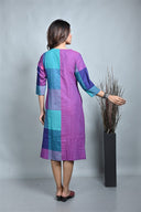 Pink-Purple Checks Hand Embroidered Handloom Cotton Half & Half Dress