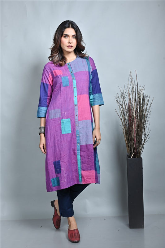 Pink-Purple Checks Handoom Cotton Half & Half Kurta