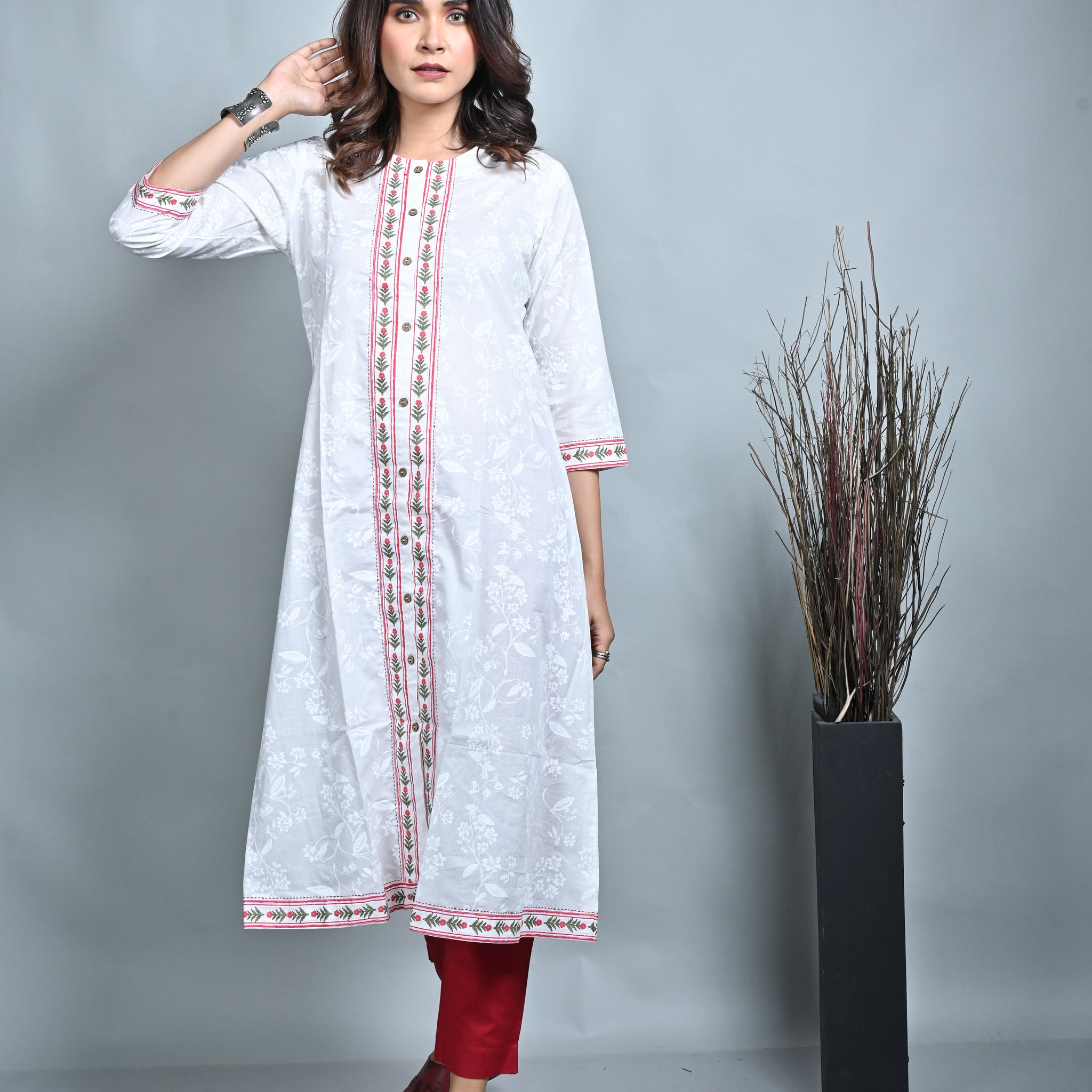 White Floral Printed A Line Front Open Kurta