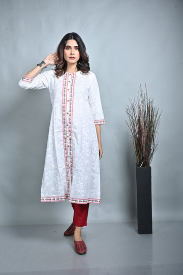 White Floral Printed A Line Front Open Kurta