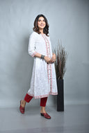 White Floral Printed Cotton A-Line Front Open Dress