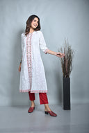 White Floral Printed Cotton A-Line Front Open Dress