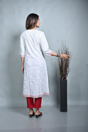 White Floral Printed Cotton A-Line Front Open Dress