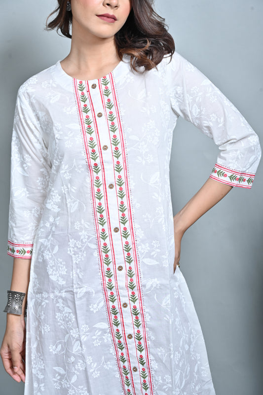 White Floral Printed A Line Front Open Kurta