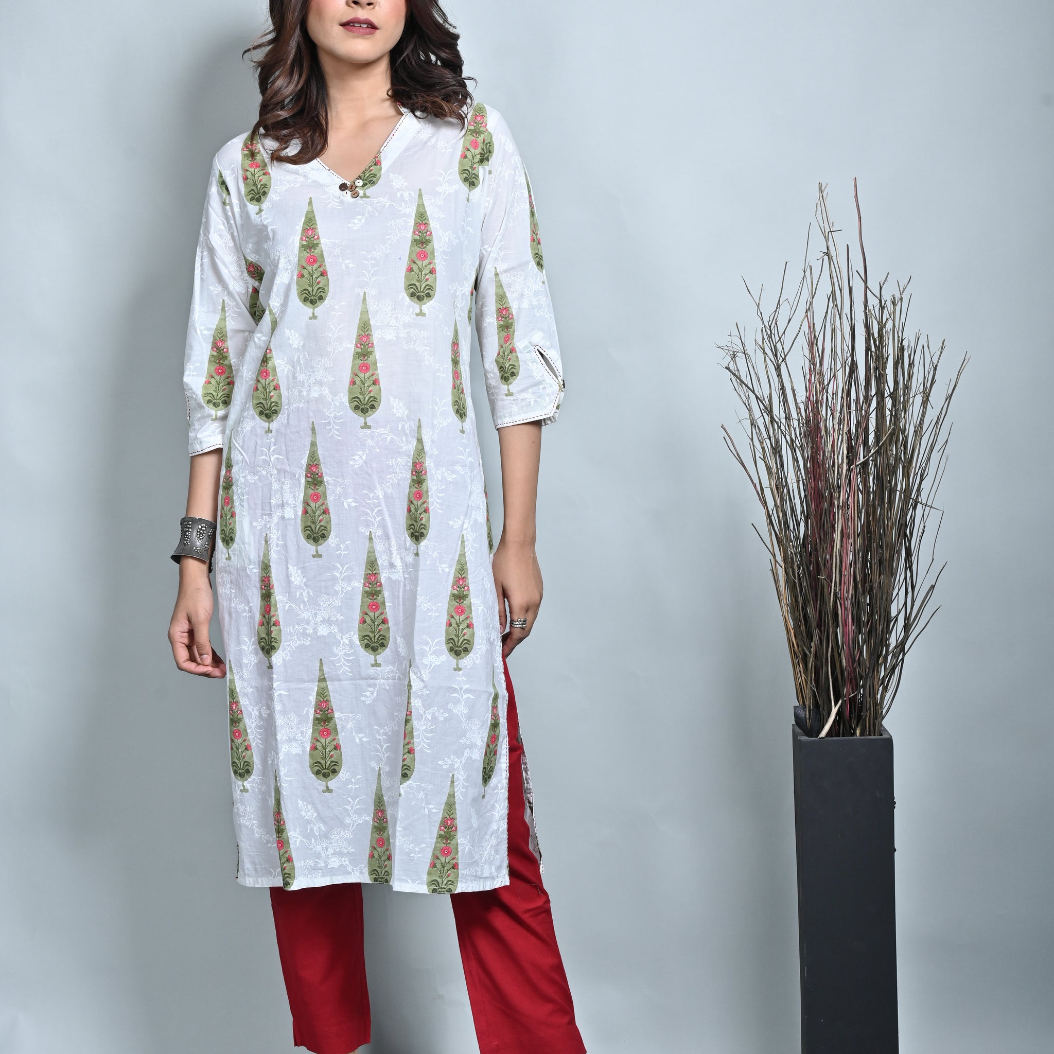 White Leaf Printed Straight Cut Kurta