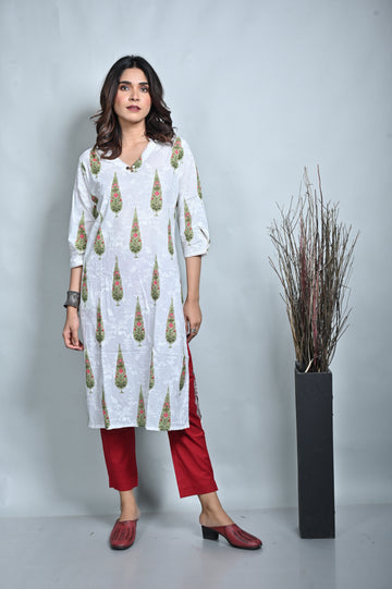 White Leaf Printed Straight Cut Kurta