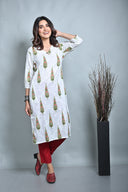 White Leaf Printed Cotton Straight Cut Kurta