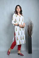 White Leaf Printed Cotton Straight Cut Kurta