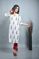 White Leaf Printed Cotton Straight Cut Kurta