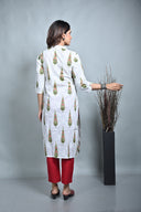 White Leaf Printed Cotton Straight Cut Kurta
