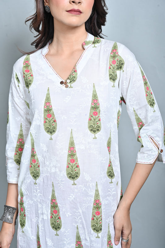 White Leaf Printed Straight Cut Kurta