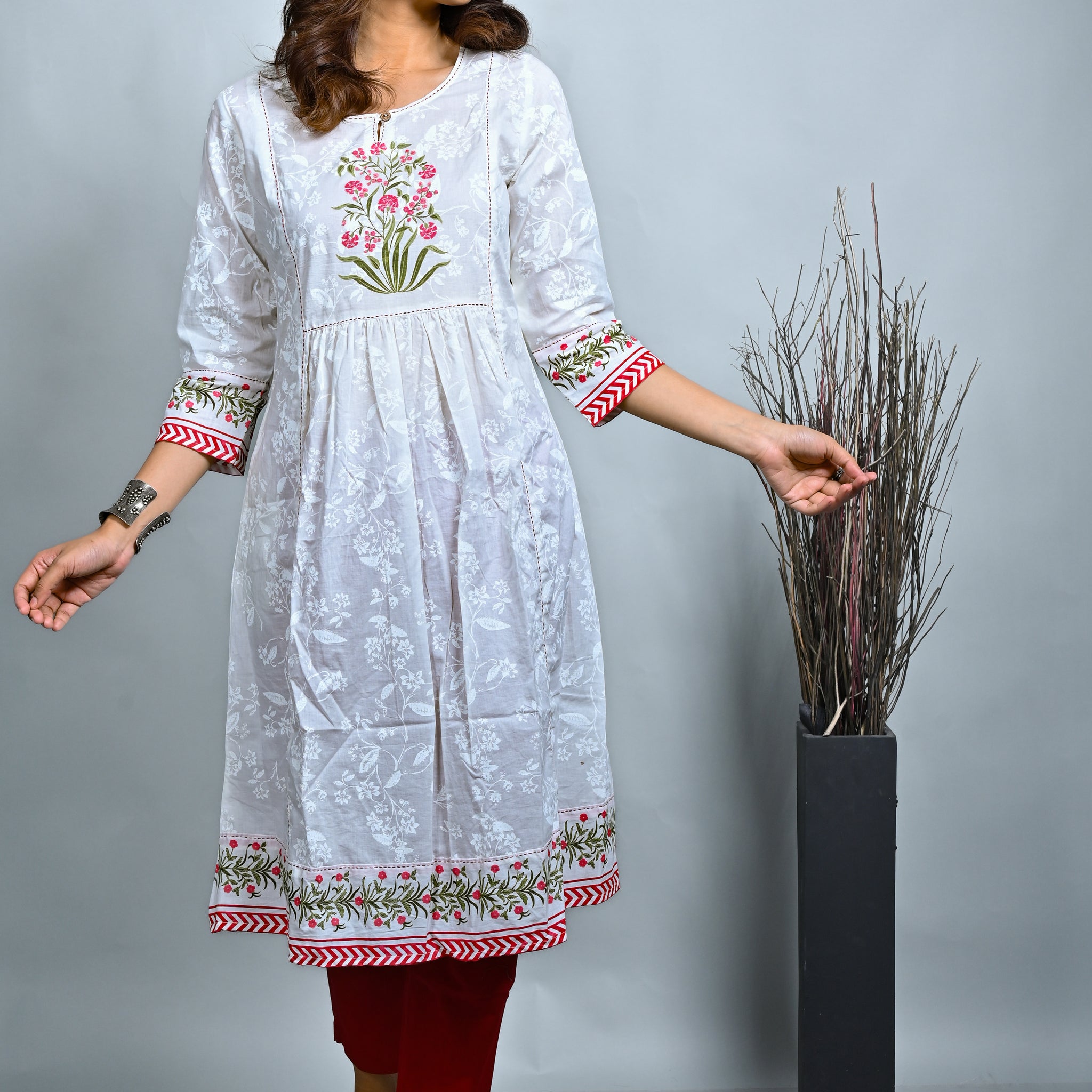 White Printed Gathers Kurta With Kantha Embroidery Detailing