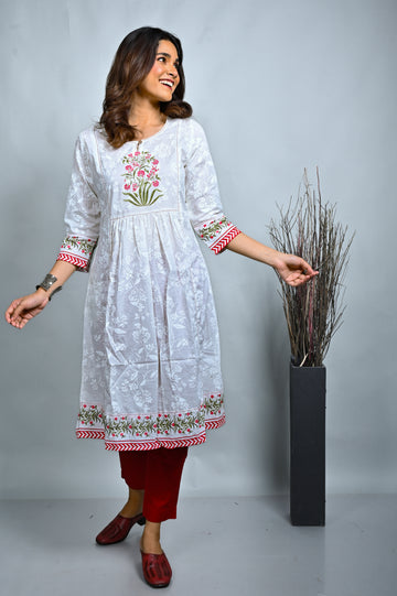 White Printed Gathers Kurta With Kantha Embroidery Detailing