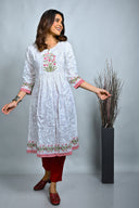 White Printed Hand Embroidered Gathers Dress