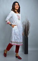 White Printed Hand Embroidered Gathers Dress