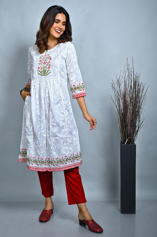 White Printed Gathers Kurta With Kantha Embroidery Detailing