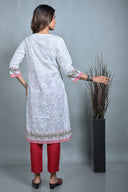 White Printed Hand Embroidered Gathers Dress