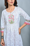White Printed Hand Embroidered Gathers Dress