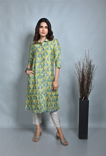 Lime Shirt Collar Front Open Chanderi Kurta With Mukesh Work