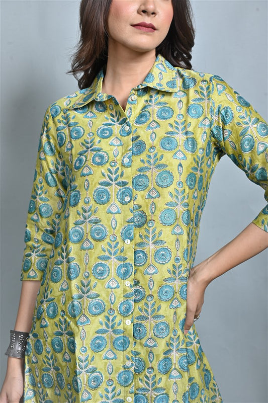 Lime Shirt Collar Front Open Chanderi Kurta With Mukesh Work