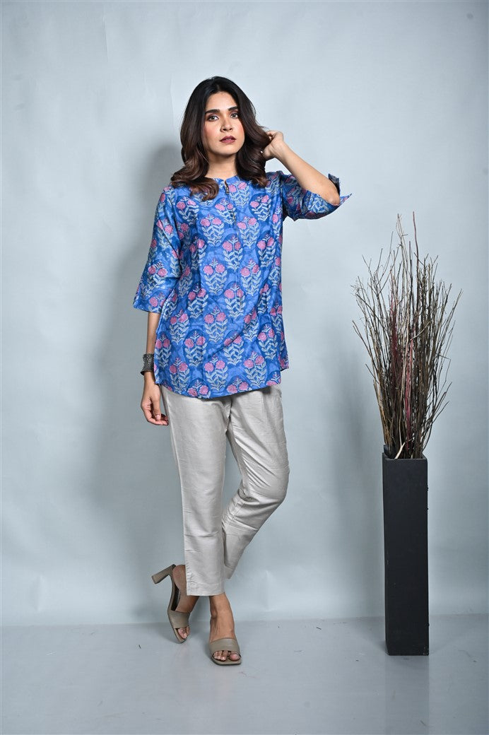 Blue Chanderi Zipper Top