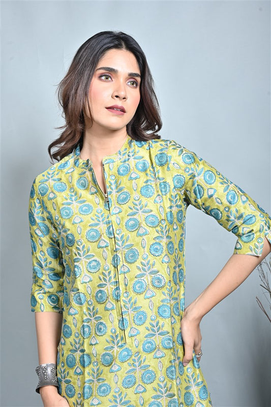 Lime Chanderi Zipper Top