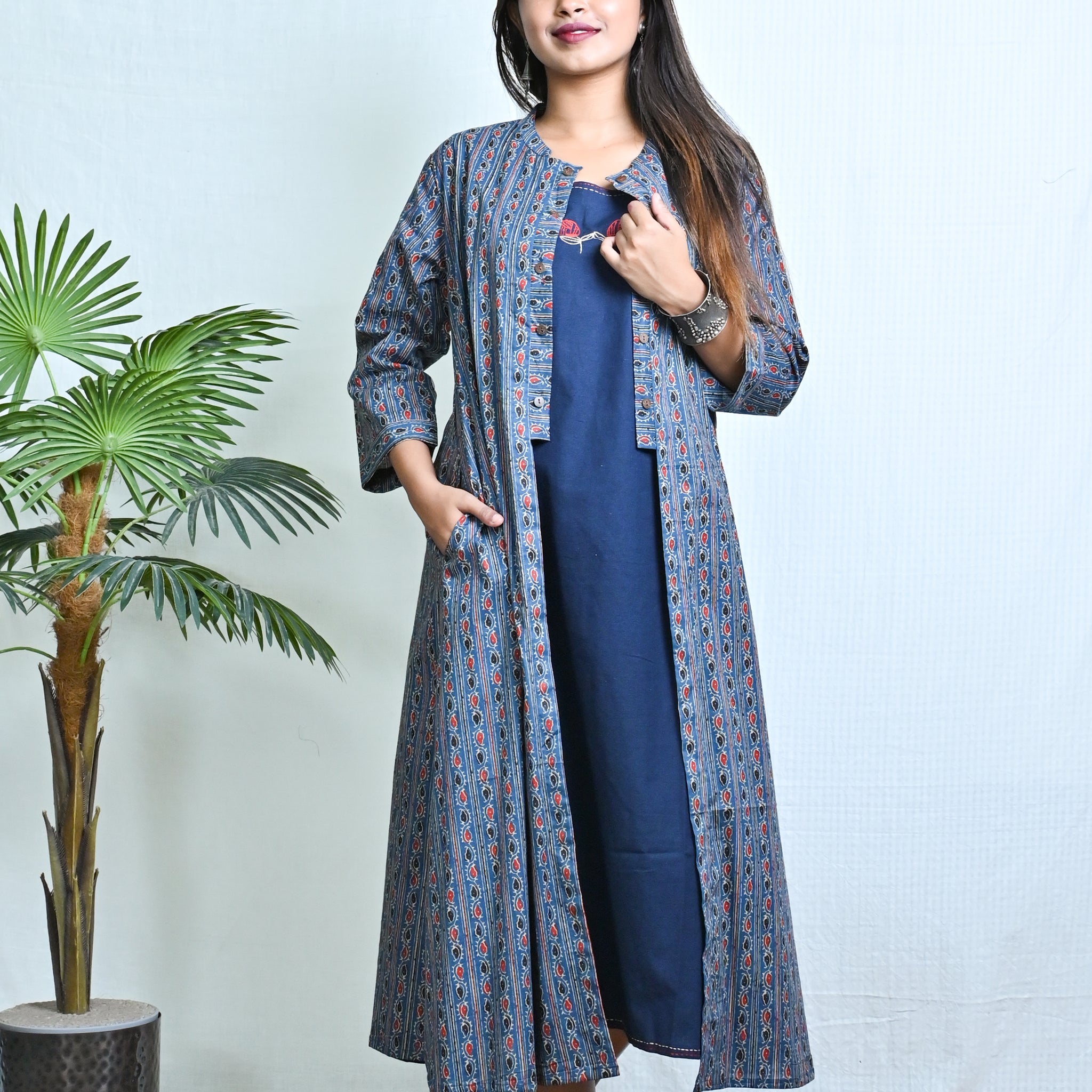 Indigo Hand Embroidery Sleeveless Dress With Long Ajrakh Printed Jacket