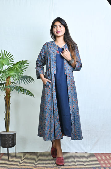 Indigo Hand Embroidery Sleeveless Dress With Long Ajrakh Printed Jacket