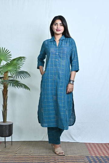 Teal Zari Co-ord Set With Kantha Hand Embroidery Detailing All Over