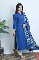 Blue Hand Embroidered Cotton Straight Cut Shirt Collar Kurta