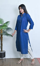 Blue Hand Embroidered Cotton Straight Cut Shirt Collar Kurta