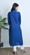 Blue Hand Embroidered Cotton Straight Cut Shirt Collar Kurta
